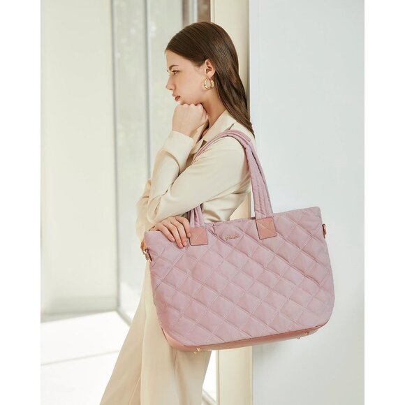Prite Women Pink Polyester Compartment Quilted Puffer Shoulder Tote Work Bag - Picture 2 of 7